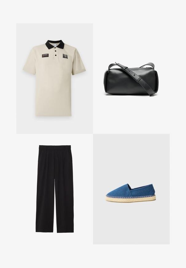 Beige polo skjorte laget av glatt stoff, med en svart krage, tre knapper og en grafisk etikett på venstre bryst i svart og rødt.; Svarte vide bukser med plisserte detaljer foran, sidelommer, og en glatt tekstur. Designet for en avslappet passform.; Blå lærret espadrillos med lukket tå, jute såle og sydd trim. Glatt tekstur og lavprofildesign.; Svart lær crossover-veske med sylinderform, glidelås-lukking og justerbar stropp. Glatt tekstur med minimalistiske design detaljer.