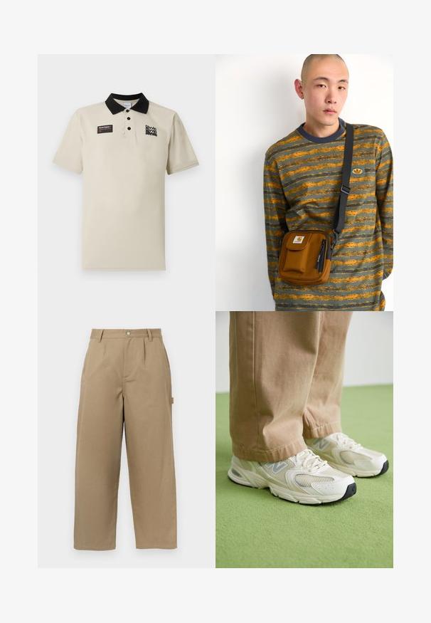 Tricou polo bej, realizat dintr-un material neted, cu un guler negru, trei nasturi și o etichetă grafică pe pieptul stâng în culorile negru și roșu.; Pantaloni bej cu croi larg, dintr-un amestec de bumbac, având talie înaltă, pliseuri frontale și două buzunare laterale cu închidere pe buton.; Adidași din plasă bej și material sintetic cu talpă albă, având șireturi și un detaliu al logo-ului gri, pe un fundal verde.; Geantă crossbody din material maro, cu fermoar și buzunar frontal; purtată peste o cămașă cu mânecă lungă în dungi gri și portocalii, având un ecuson cu logo.