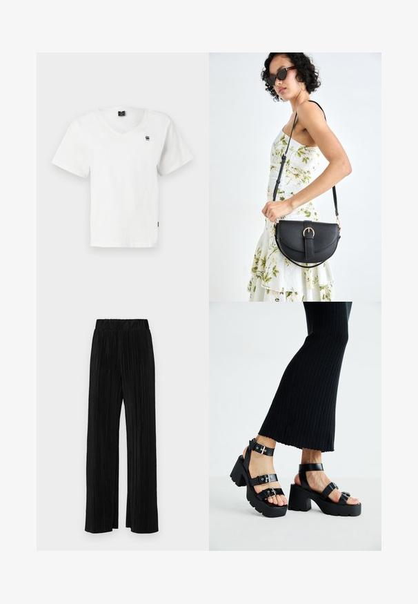 Tricou alb cu mânecă scurtă și gât în V, confecționat din bumbac. Prezintă un mic logo negru pe partea superioară stângă a pieptului și o margine dreaptă. Design simplu.; Pantaloni negri plisati cu talie elastică. Prezintă picioare largi și un material neted, texturat, cu dungi verticale.; Sandale negre cu platformă, cu talpă groasă și adâncă, având multiple curele, care includ catarame din metal și un aspect neted, asemănător cu pielea.; Geantă din piele neagră, cu o formă curbată, curea detașabilă și accesorii aurii. Geanta are un capac cu un detaliu tip cataramă.