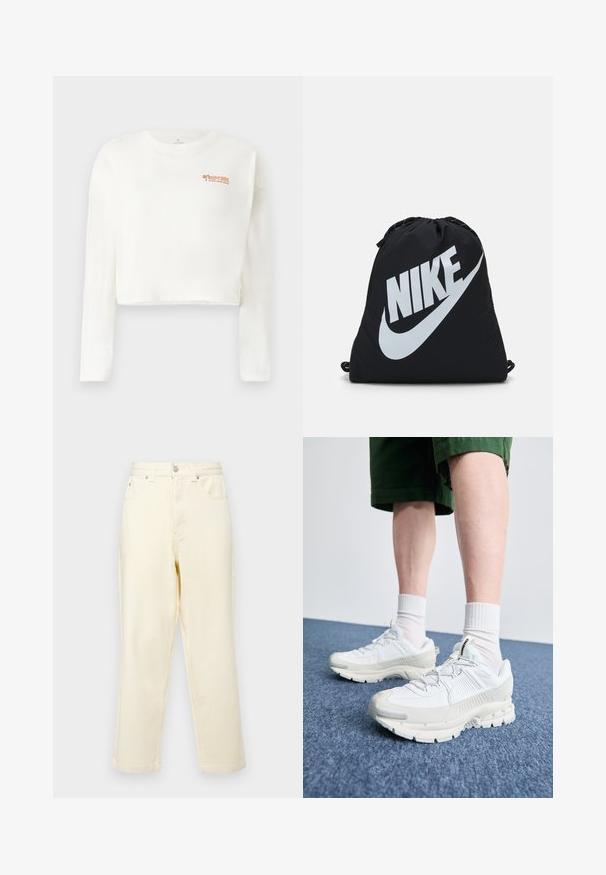 Balta, garām piedurknēm, īsā t-kreklā, kas izgatavots no mīksta auduma, ar oranžu logo kreisajā krūtīs un brīvu piegriezumu ar taisnu apakšmalu.; Krēmkrāsas denima džinsi ar taisna kāju dizainu, divām priekšējām kabatām, vienu aizmugurējo kabatu un sudraba pogu un rāvējslēdzēju.; Baltas sporta apavi ar teksturētām detaļām, masīvu zoli un pelēkiem akcentiem. Valkāti ar baltiem zeķu pēdu apģērbiem un zaļām šortiem uz zilas virsmas.; Melna apkakles soma ar lielu baltu Nike logo. Izgatavota no viegla auduma ar gludu tekstūru un noapaļotu formu.