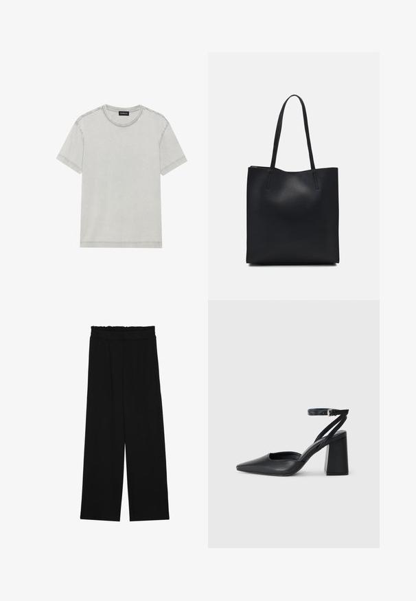 Šviesiai pilkas medvilninis marškinėlis su apvaliu kaklu ir trumpomis rankovėmis, pasižymintis švariais kontūrais ir minimaliais siuvimo akcentais.; Juodi platūs kelnes su volaniniu juosmeniu, turinčiu dvi šonines kišenes ir glotnią, lengvą medžiagą. Nėra matomų raštų ar detalių.; Juoda odinė smailiagalė aukštakulnio bateliai su kulkšnies dirželiu ir storu kulnu. Lygus paviršius, elegantiškas dizainas ir minimalistiška estetinė. ; Juodas odinis tote krepšys su lygia tekstūra, stačiakampio formos ir dviem ilgais rankenomis. Matomų metalinių detalių ar puošybos nėra.