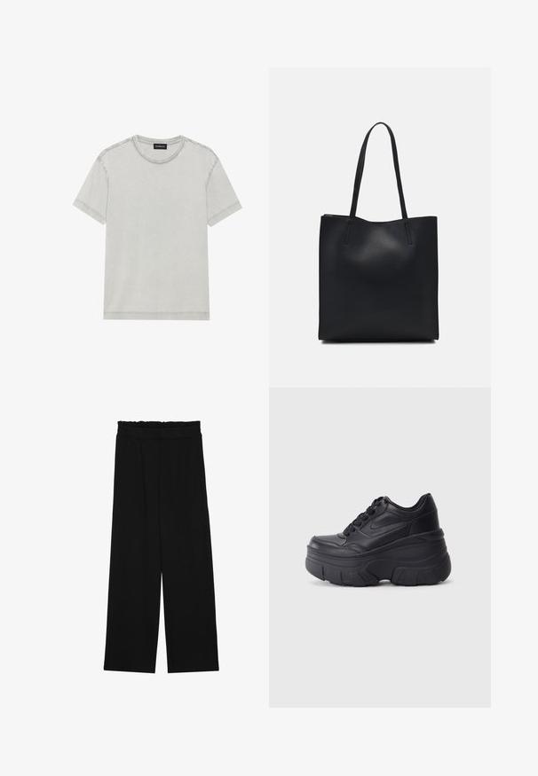 Jasnoszary bawełniany t-shirt z okrągłym dekoltem i krótkimi rękawami, charakteryzujący się prostymi liniami i minimalnymi detalami ściegów.; Czarne spodnie typu wide-leg z falbaną w pasie, z dwoma bocznymi kieszeniami i gładkim, lekkim materiałem. Brak widocznych wzorów lub elementów metalowych.; Czarne sznurowane trampki z masywną podeszwą, z gładkim skórzanym wierzchem, zaokrąglonym noskiem i wyraźnym, warstwowym designem platformy.; Czarna skórzana torba tote o gładkiej fakturze, prostokątnym kształcie i dwóch długich uchwytach. Brak widocznych elementów metalowych i ozdób.
