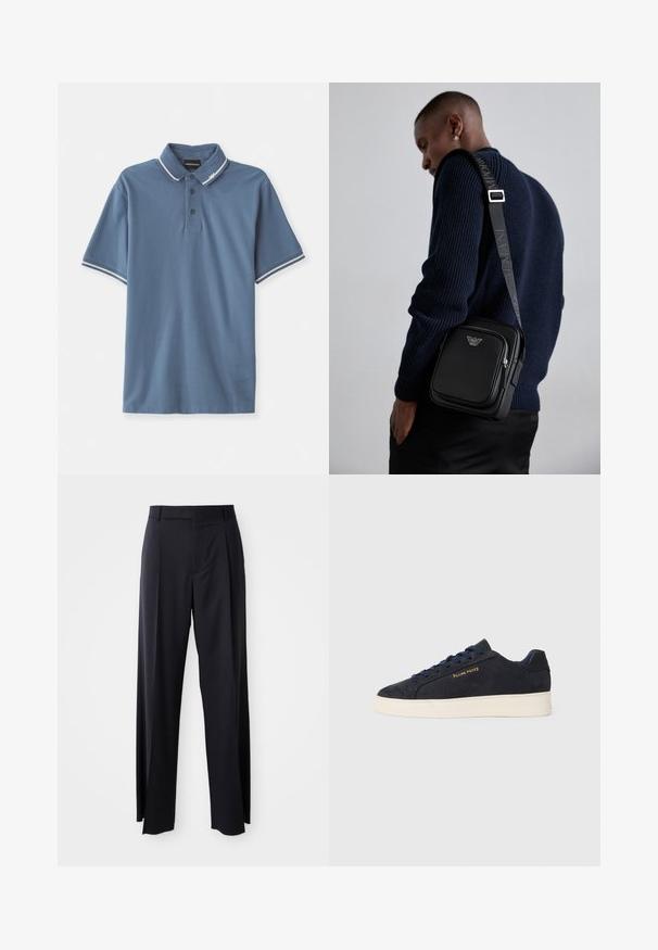 Modrá polo tričko vyrobené z jemné bavlny, s klasickým límečkem, třemi knoflíky a kontrastním bílým lemováním na límečku a rukávech.; Černé kalhoty s vysokým pasem a širokým střihem, vyrobené z hladké látky. Mají přední sklady a poutka na opasek. Minimalistický design, bez viditelného kovového hardwaru.; Námornická modrá semišová nízká obuv s bílou podrážkou, námořnickými tkaničkami a zlatým logem "Filling Pieces" na boku.; Černá kožená crossbody kabelka s zipovou kapsou, detailem loga a nastavitelným popruhem se značkou. Nositá na texturovaném námořnickém svetr.