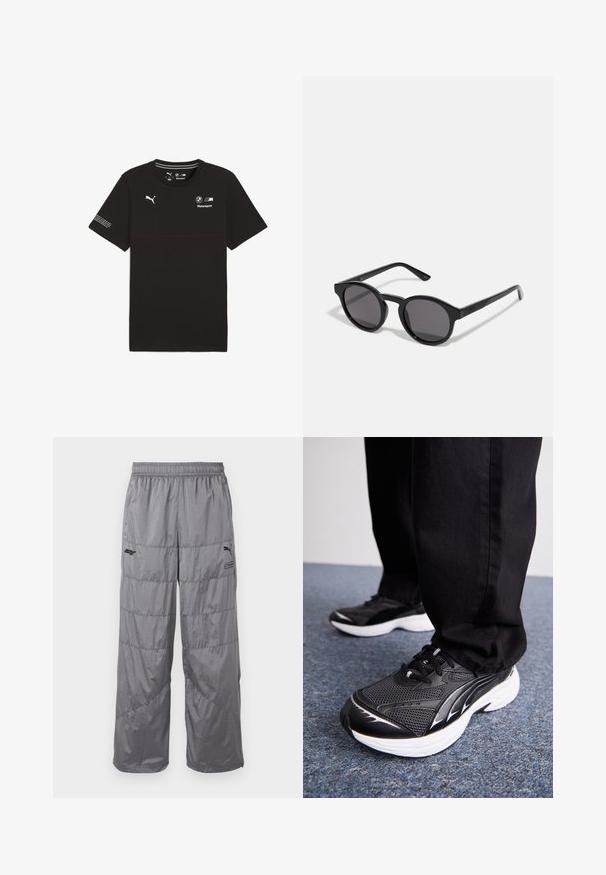 Mustast puuvillane T-särk lühikeste varrukatega, millel on Puma logo ja BMW Motorsporti bränding. Rinnaüle on punane horisontaalne triip.; Hallid puffer-püksid, millel on elastne vöökoht, eenduvate õmblustega ja väike must logo vasakul reiel. Kerge materjal.; Mustad mustavid jalatsid, millel on võrgusilmast pealistus, valge tald ja mustad aktsendid. Tallal on tekstuur. Kandmine mustade pükste ja sinise vaipkattega pinnal.; Mustad mustad prillid ümmarguse, veidi lainelise raami, tumedate läätsede ja sirgete mustade kätega. Sile, läikiv viimistlus ilma nähtavate mustriteta.