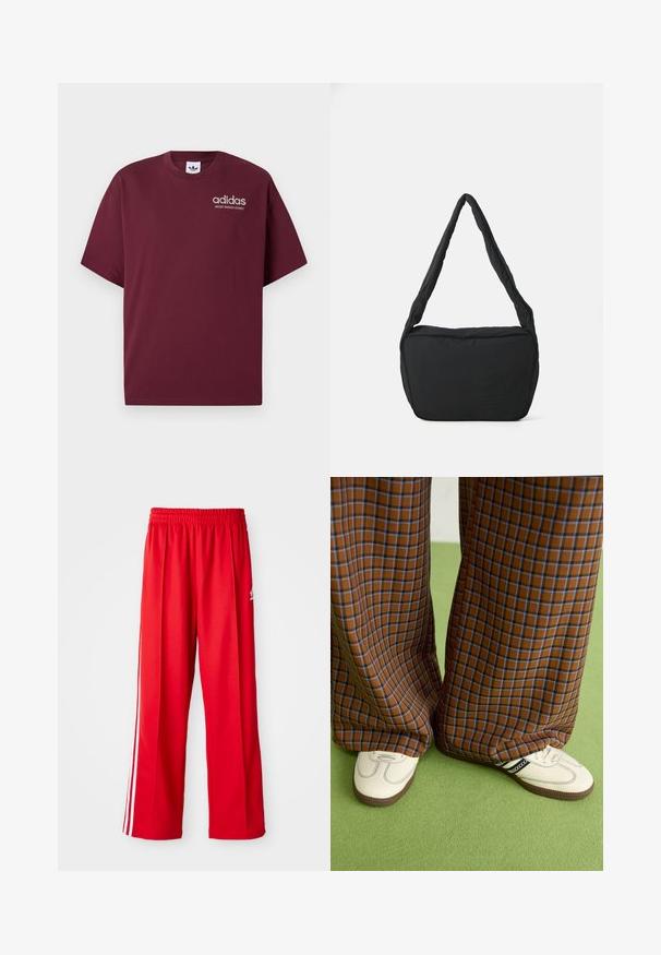 Burgundské tričko s krátkým rukávem vyrobené z bavlny. Má kulatý výstřih a malé bílé logo "adidas" s nápisem "SPORT DESIGN STUDIO" pod ním.; Červené sportovní kalhoty vyrobené z lehkého materiálu, s elastickým pasem, dvěma bílými pruhy po stranách a malým logem na kyčli.; Hnědo-modré kostkované široké kalhoty doplněné bílými botami s černými akcenty a texturovanou podrážkou, umístěné na zeleném pozadí.; Černá ramenní taška s polstrovanou texturou, zaobleným tvarem a širokým popruhem, na jejíž přední straně je vyražené logo.