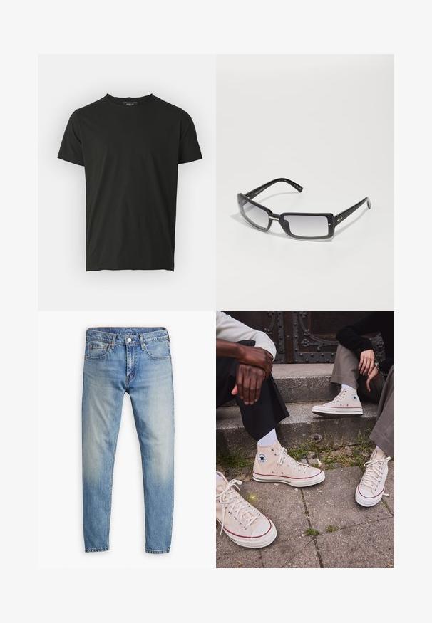 Must must t-särk lühikeste varrukatega ja ümmarguse kaelusega. Sile tekstuur, minimaalne disain ja sildil taga kaeluses.; Hele sinine teksariie, sirge lõikega, viie taskuga ja kontrastse oranži õmblusega. Omab nööbi ja tõmbluku kinnitust.; Beige kõrge säärega kanvas tennised punase ribaga, valge kummitald ja metallist silmad, mille külje peal on ikooniline tähe logo.; Mustad ristkülikukujulised prillid gradient objektiividega, pakse raami ja metallist aktsentdetailidega varrukatel. Ühtlane tekstuur kogu ulatuses.
