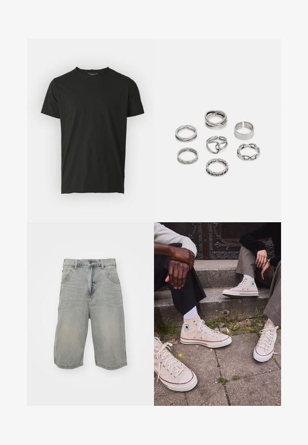 Sort bomulds T-shirt med korte ærmer og en rund halsudskæring. Glat tekstur, minimalistisk design og et label på bagsiden af halsudskæringen.; Lyseblå denimshorts med en afslappet pasform, der har fem lommer, bæltestropper og en falmet tekstur. Sømmen er rullet og syet.; Højkantede beige lærreds sneakers med rød stripe, hvid gummisål og metaløjer, der har det ikoniske stjernelogo på siden.; Sæt af syv sølvringe med forskellige designs, herunder snoede, sammenkoblede og graverede mønstre. Forskellige former og bredder.