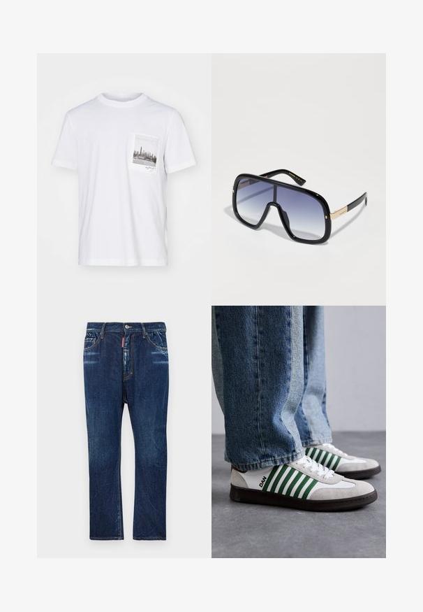 Helmut Lang POSTCARD SKYLINE - Print T-shirt - white; Dark blue denim jeans with a straight-leg fit, featuring light fading, yellow stitching, front pockets, and a button closure.; White and green sneaker with suede and leather materials, featuring green stripes, white laces, and a rubber sole. Styled with blue jeans.; Oversized black sunglasses with a gradient purple lens, glossy finish, and gold accents on the temple. Rectangular frame shape.