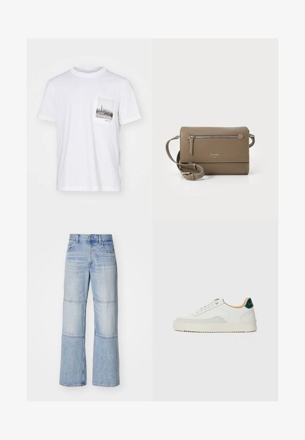 Helmut Lang POSTCARD SKYLINE - Print T-shirt - white; Light blue denim trousers with a wide-leg design, featuring contrasting panels and visible stitching. High-waisted with a button closure.; White sneaker with suede accents, rounded toe, flat laces, and a cream rubber sole. Features green branding on the heel.; Taupe leather crossbody bag with a zippered front pocket, adjustable strap, pebble texture, and embossed logo on the front.