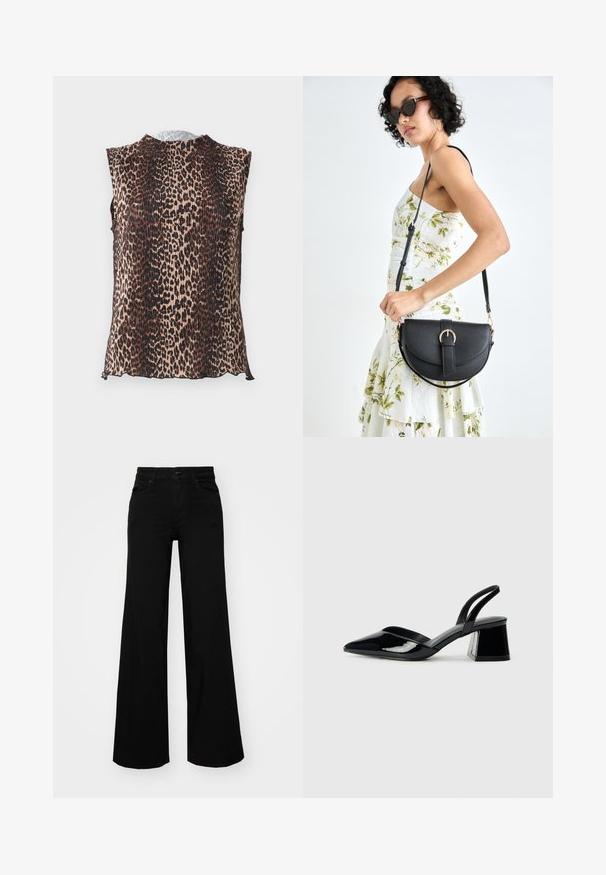 Ilma varrukateta pluus, millel on plisseeritud disain ja leopardimustriga mustrid beeži, pruunide ja mustade toonidega. Ümar kaelus, pehme tekstuur.; Mustad mustad püksid, mis on valmistatud denimist, struktuurse vöökohtade, vöökootidega ja esikottidega. Sile tekstuur klassikalise disainiga.; Mustad musta lakknahk kingad, millel on terav varvas ja geomeetriline plokkkonts. Omab elegantselt minimalistlikku disaini ja sujuvat tekstuuri.; Mustmust mustraha kõverate joontega, eemaldatava rihmaga ja kuldsete detailidega. Kotil on klapp, millel on pandladetail.