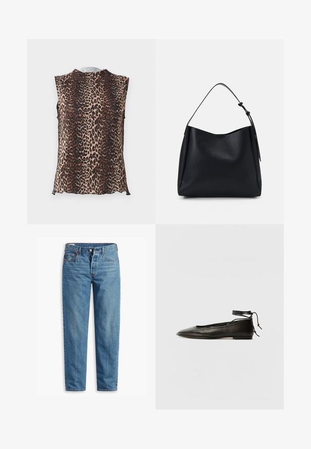 Ujjatlan felső, redőzött dizájnnal, leopárdmintával, bézs, barna és fekete árnyalatokban. Kerek nyakrész, puha tapintású.; Kék farmernadrág, egyenes fazonnal, cipzáros záródással, két elülső zsebbel és finom kopásnyomokkal az anyagon.; Fekete bőr balettcipők hegyes orral, bokakötővel és lapos talppal, sima textúrával és minimalista dizájnnal.; Fekete bőr hobo táska egyetlen vállpánttal, sima felülettel, kúpos tetejével és minimális designnal, látható hardver nélkül.