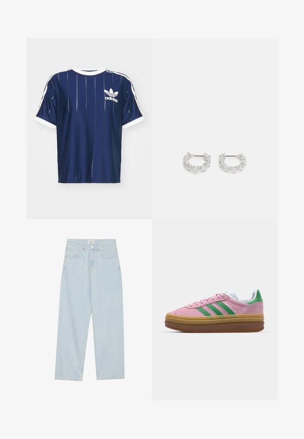 adidas Originals ADICOLOR 3-STRIPES PINSTRIPE - T-shirts print - dark blue; Lysblå vidde jeans lavet af denim, med mid-rise talje, fem lommer og en knaplukning med en slank metalaccent.; Lyserøde ruskindsneakers med grønne striber, hvide accenter og en brun gummisål. Har tekstureret stof og logodetaljer på siden.; Sølvøreringe med hoop-design, der har rektangulære og trekantede klare krystaller arrangeret i et cirkulært mønster med en central post til fastgørelse.