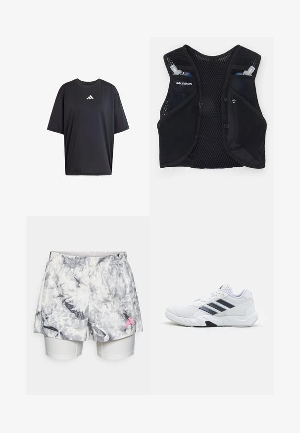 adidas Performance ONE REP AT A TIME GRAPHIC - Sport T-Shirt - black; Kurze mit einem grau-weißen abstrakten Muster, ausgestattet mit einem elastischen Bund, Innenfutter und einem pinken Logoakzent an der Seite.; Weißer Sportschuh mit Mesh-Obermaterial, drei schwarzen Streifen an der Seite, strukturierten Akzenten und einer robusten Gummisohle mit einem kontrastierenden schwarzen Bereich.; Schwarze Netz-Laufweste mit Seitentaschen für Wasserflaschen, verstellbaren Kordelzügen und einem leichten Design. Aus atmungsaktivem Stoff gefertigt.