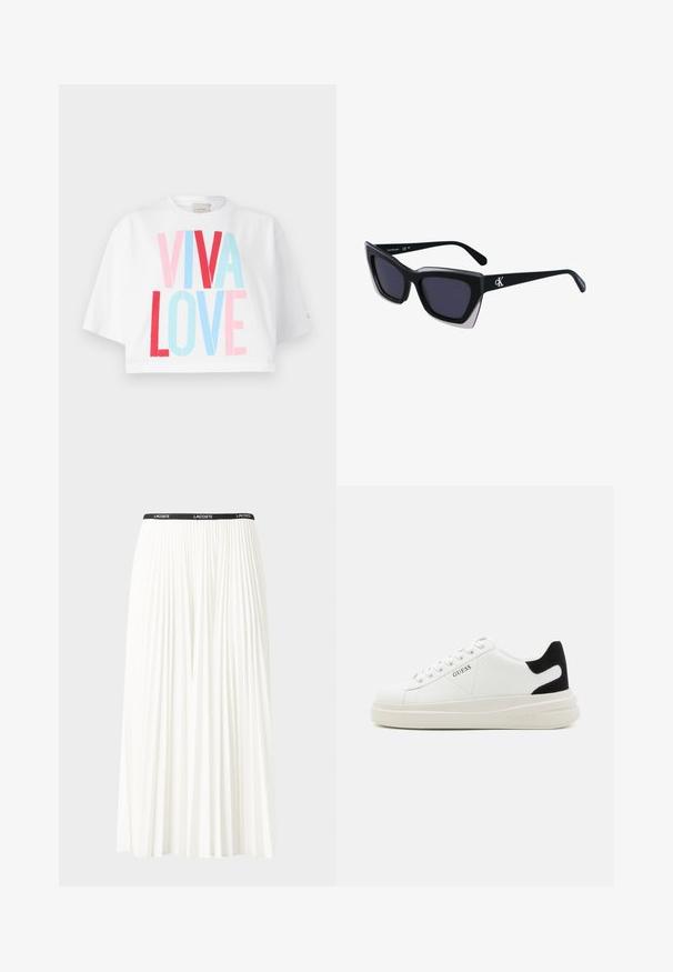 Lühike valge T-särk, millel on julged kirjad "VIVA LOVE" punase, roosa ja sinise värviga. Lühikesed varrukad ja mugav lõige.; Kurtitudega valge seelik musta elastse vööga, millel on "LACOSTE" logo. Keskmise pikkusega disain pehme tekstuuriga.; Valged nahast tennisetossud paksu valge tallaga, musta sametist kontsakeeuga ja külje peal riigilogo reljeefne kujundus. Lukkeskeem kuue silmaauguga.; Mustad suured mustad prillid geomeetrilise kujuga, tumedate läätsedega ja kontrastse halli detailiga raamidel. Logo käe peal.