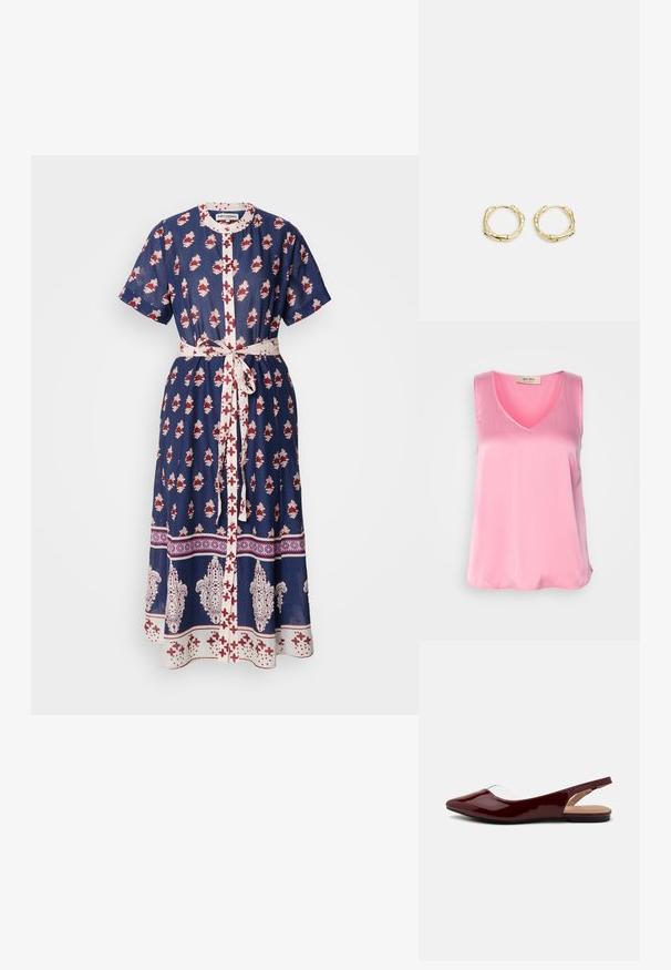 Varrukatuks jätmine, V-kaelusega särk sujuvast, läikivast roosast kangast. Lihtne, mugav disain, ilma kaunistusteta, pakkudes kerget ja õhulist välimust.; Tumed sinine kleit punaste ja valgete lillemustritega, lühikeste varrukatega, nupuga ees, ja sobituv vöö talje juures.; Burks patendiga burgundia värvi slingback kortlikud kingad terava varbaga, läbipaistva lõikega ja lameda musta tallaga. Sile tekstuur, minimalistlik disain.; Kuldsete rõngaskõrvarõngaste tekstuuriga, ebakorrapärane kuju. Omab sujuvat lukustust ja poleeritud pinnatöötlust, rõhutades kaasaegset disaini.