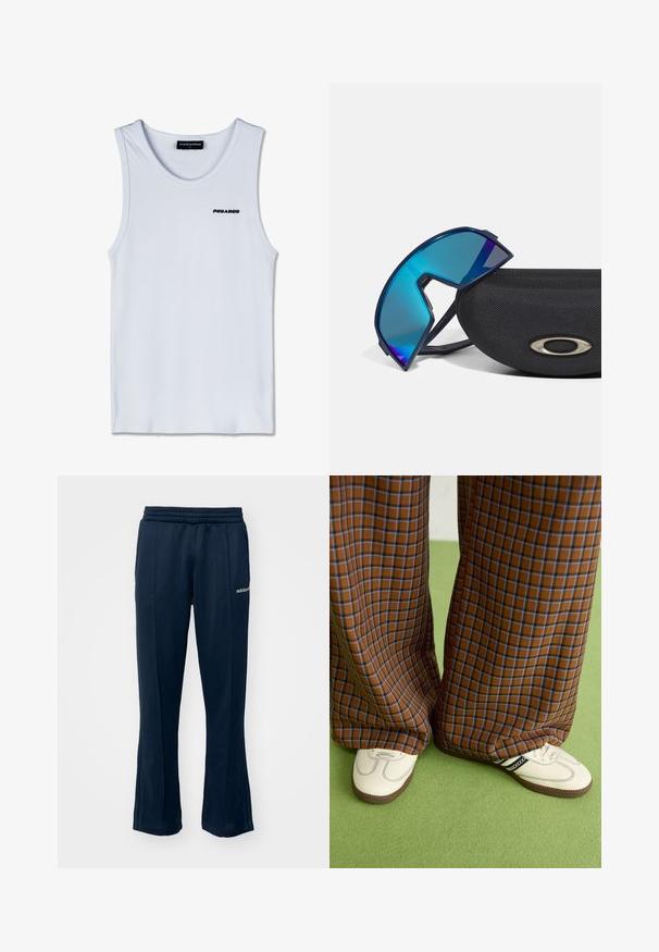 Bílý bezrukávový top s černým logem "PEGADOR" na hrudi a černou etiketou s nápisem "PEGADOR M" na výstřihu.; Námořnické tepláky se elastickým pasem, rovnými nohavicemi a decentními bočními švy. Na levém boku mají malé bílé logo.; Hnědo-modré kostkované široké kalhoty doplněné bílými botami s černými akcenty a texturovanou podrážkou, umístěné na zeleném pozadí.; Skládací sluneční brýle s modrým nádechem a sportovním designem, odpočívající na texturovaném černém pouzdře s kovovým logem.