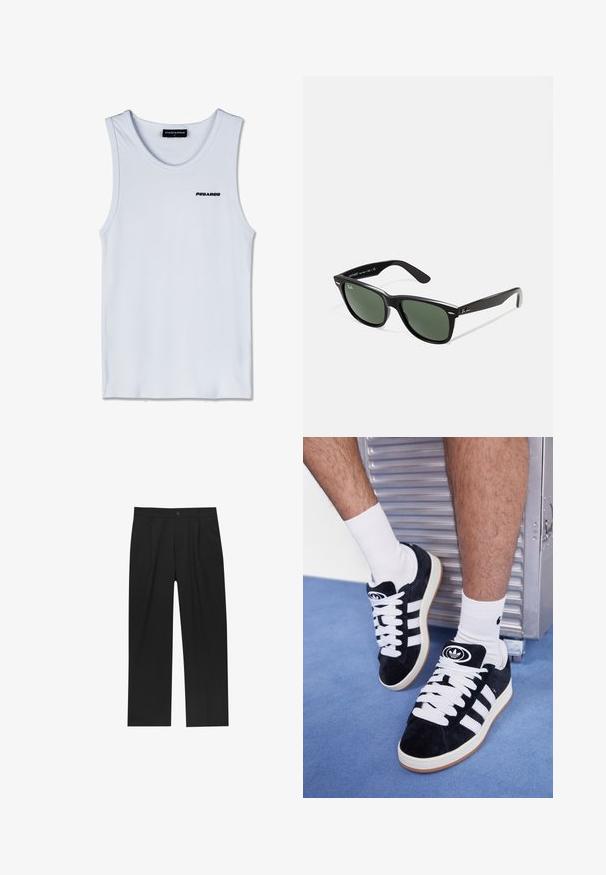 Tricou fără mâneci, alb, cu logo-ul negru "PEGADOR" pe piept și o etichetă neagră cu "PEGADOR M" la guler.; Pantaloni negri cu un design drept, fabricați dintr-un material neted. Au plisse în față și un sistem de închidere cu un singur buton la talie.; Adidași negri din suede cu șireturi albe și trei dungi albe. Au un logo circular negru pe limbă și o talpă din cauciuc de tip gumă.; Ochelari de soare din plastic negru cu lentile verzi, rame pătrate, accent argintiu pe sprânceană și brațe texturate. Marca este menționată pe brațul interior.