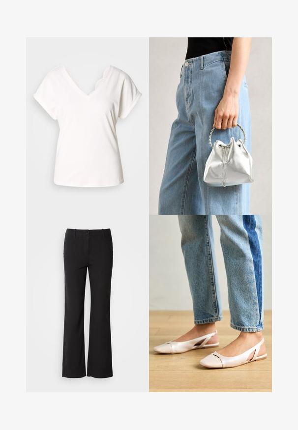 Balta īsām piedurknēm T-kreklu ar V veida kakla izgriezumu un viļņotām mežģīņu detaļām ap kaklu, izgatavots no mīkstas kokvilnas.; Melni kokvilnas auduma bikses ar taisnu kāju dizainu, priekšējo pogu aizdari un divām sānu kabatām. Gluda tekstūra, bez redzamām rakstu zīmēm.; Bālti rozā siksniņu dzīvokļi ar smailu purngalu, izgatavoti no gludas ādas līdzīgās materiāla. Iezīmē izgriezumu detaļas sānos un platu papēdi.; Metāliskā sudraba somiņa ar teksturētu apdari, rotāta ar sudraba apaļu rokturi un aukliņu aizdari, turēta pretī gaišziliem džinsiem.