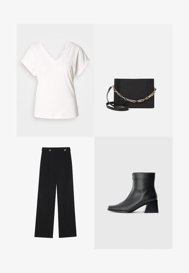 White short-sleeve t-shirt with a V-neck and scalloped lace accents along the neckline, made of soft cotton material.; Black wide-leg trousers with high waist, button details on waistband, and front pleats.; Black leather ankle boot with square toe, side zipper, and block heel against plain light background.; Black leather crossbody bag featuring a smooth texture, rectangular shape, and a metallic chain detail on the front. Adjustable strap included.