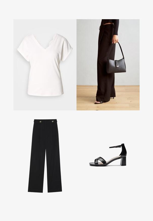 Hvid kortærmet t-shirt med V-hals og bølgede blondekanter langs halsudskæringen, lavet af blødt bomuldsstof.; Sorte vide bukser med høj talje, knapdetaljer på taljebåndet og frontfald.; Sort åben tå hæl sandal med krydsede remme, justerbar ankelrem og en chunky hæl, der har en glat læderoverflade.; Sort håndtaske med struktureret form, glat overflade og metalspænde. Sammen med brede sorte bukser og sandaler med åben tå på trægulv.