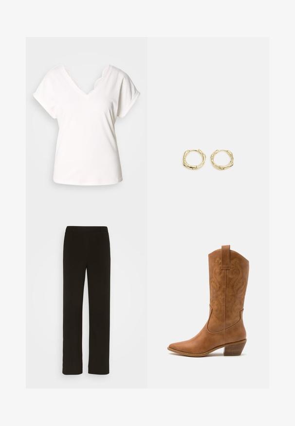 Hvid kortærmet t-shirt med V-hals og bølgede blondekanter langs halsudskæringen, lavet af blødt bomuldsstof.; Sorte, lige bukser lavet af vævet stof, med flad front, to sidelommer og en glat tekstur. Ingen synlige mønstre eller accenter.; Tan læder cowboystøvle med spids tå, broderede svirvelmønstre på skaftet og en stablet blokhæl. Har en træksløjfe for nem af/på.; Gul hoop ørestikker med en struktureret, uregelmæssig form. Har en sømløs lukning og en poleret overfladefinish, der fremhæver et moderne design.