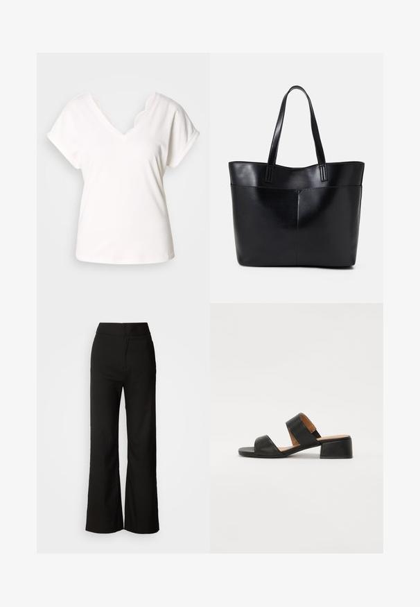 Hvit kortermet t-skjorte med V-hals og bølgete blondekanter langs halsen, laget av mykt bomullsmateriale.; Sorte vidde-bukser med glatt tekstur, høy midje og et rent design. Ingen synlige lommer eller pynt.; Sorte lær sandaler med to brede stropper over foten, firkantet tå og lav blokkhæl. Glatt tekstur og minimalistisk design.; Svart lær toteveske med to lange håndtak, en glatt tekstur og en strukturert form. Har en frontlomme for ekstra oppbevaring.