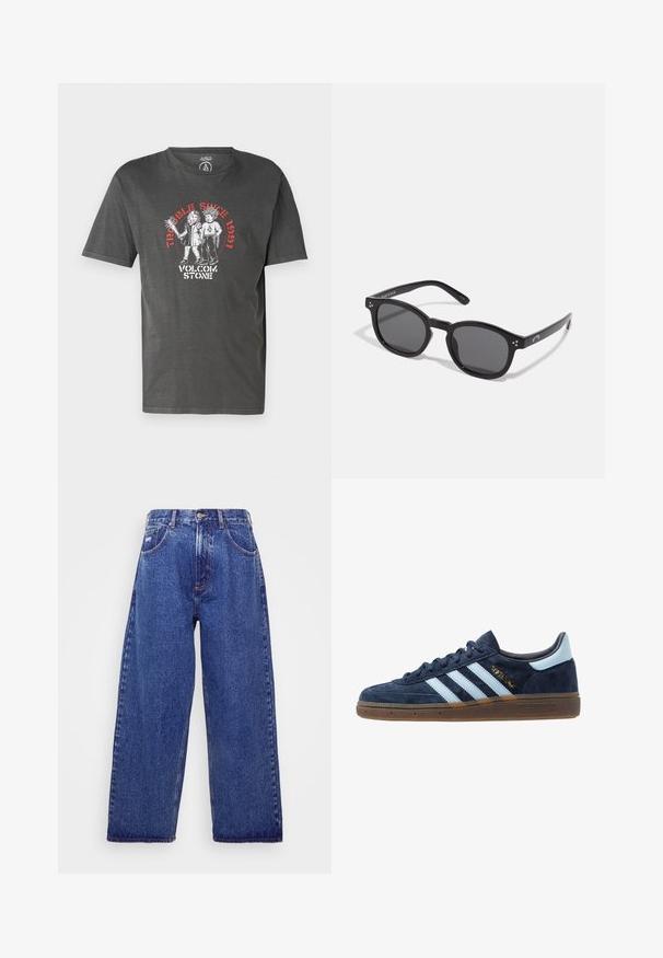 Dark gray t-shirt made of cotton with a relaxed fit. Features a graphic print of two figures and text "Trouble Since 1991" in red.; Wide-leg, blue denim jeans with a high waist, featuring five pockets, a button closure, and subtle fading for texture.; Navy blue suede Adidas sneaker with light blue stripes, gum sole, light blue heel tab, and gold "Spezial" branding on the side.; Black oval sunglasses with dark lenses, thick frames, and silver dot accents on the sides. Smooth plastic material, contemporary design.