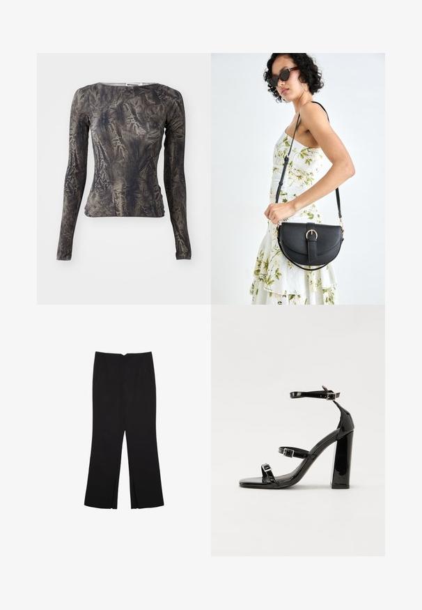 Dolga majica z dolgimi rokavi v temno sivi barvi s gubano teksturo. Ima okroglo izrezano vratno linijo in prilegajoč silhuet. Preprost dizajn z minimalnimi detajli.; Črne hlače ravnega kroja z naglavnimi žepi in stranskimi razporki na robu. Narejene iz mehke, gladke tkanine. Primerne za različne priložnosti.; Črne lakirane sandale s peto, kvadratnim prstom, trakovi okrog gležnja in srebrnimi zaponkami. Opremljene so s stabilno Debelo peto.; Črna usnjena torbica s ukrivljeno obliko, z odstranljivo naramnico in zlatimi dodatki. Torbica ima pokrov s podrobnostmi v obliki zaponke.