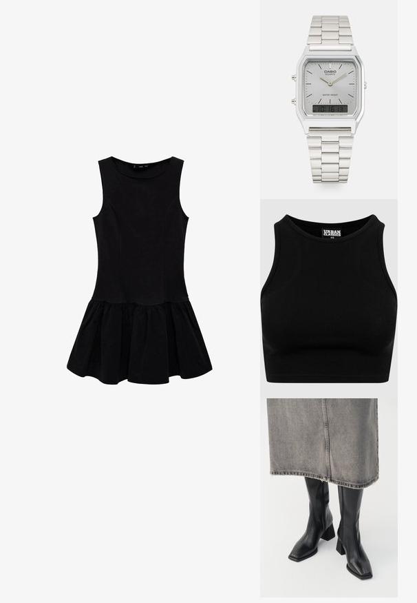 Černý žebrovaný cropped top s kulatým výstřihem a bez rukávů. Vyroben z pružné, texturované látky. Etiketa nese nápis "Urban Classics."; Černé bezramínkové šaty s přiléhavým živůtkem a rozšířenou skládáním sukní. Vyrobeno z měkké tkaniny, s kulatým výstřihem a bez ozdob.; Černé kozačky do půli stehen z hladké kůže se čtveratou špičkou a blokovým podpatkem. Nosené s šedou džínovou sukní s třepeným lemem.; Hobo taška v tmavě šedé semišové úpravě, zakřiveného tvaru, s horním uchopovacím držadlem a bočními zipy s kovovými úchyty. Hladká textura a viditelné švy.; Stříbrné kvartzové hodinky Casio s obdélníkovým ciferníkem, analogovým a digitálním zobrazením, nerezovým páskem a voděodolnými vlastnostmi.