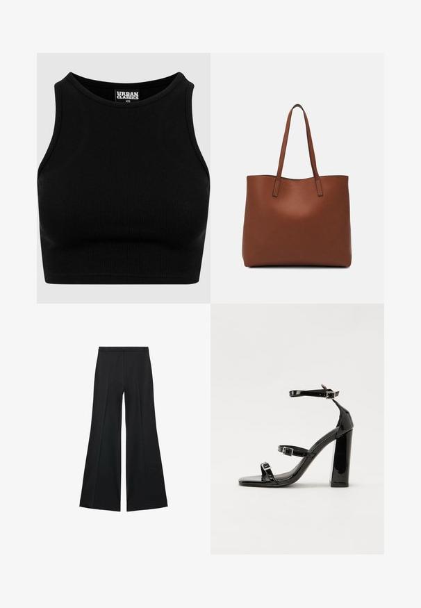 Schwarzes geripptes Cropped-Top mit rundem Ausschnitt und ärmellosem Design. Hergestellt aus einem dehnbaren, strukturierten Stoff. Etikett mit der Aufschrift "Urban Classics."; Schwarze weit geschnittene Hose mit glatter Textur, ausgestattet mit Frontfalten und einem taillierten Design. Der Stoff ist leicht und fließend.; Schwarze patentierte Sandalen mit Absatz, quadratischer Spitze, Knöchelriemen und silbernen Schnallen. Mit einem stabilen Blockabsatz für mehr Stabilität.; Braune Leder-Tote mit glatter Textur, offenem Oberteil und zwei Schulterriemen. Verfügt über minimale Nähte und keine sichtbaren Beschläge.