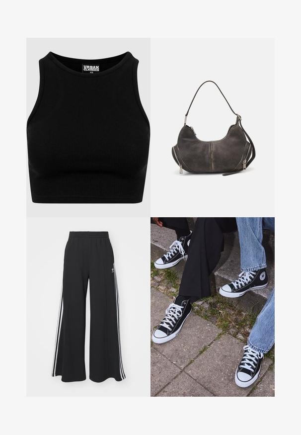 Sort ribbet cropped top med rund halsudskæring og uden ærmer. Lavet af et strækbart, tekstureret stof. Mærket siger "Urban Classics."; Sorte brede sweatpants med elastisk talje, med hvide sidelommer og et broderet logo på venstre lår.; Sorte høje canvas sneakers med hvide gummisåler og snørebånd, prydet med et cirkulært logo på siden og parret med denim og sorte bukser.; Hobo taske i mørkegrå ruskind med buet form, top-håndtag og sidelommer med metalzipper. Glat tekstur og synlige sømdetaljer.