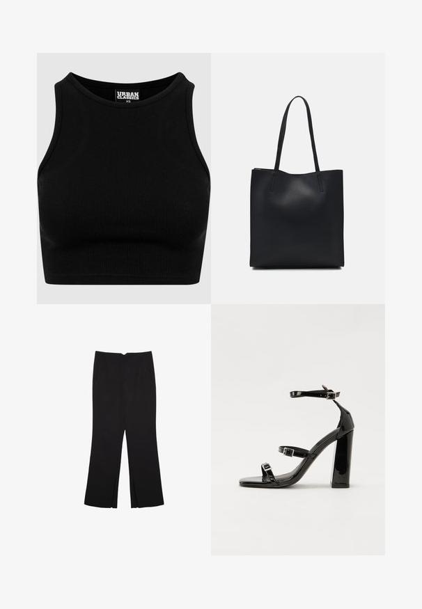 Schwarzes geripptes Cropped-Top mit rundem Ausschnitt und ärmellosem Design. Hergestellt aus einem dehnbaren, strukturierten Stoff. Etikett mit der Aufschrift "Urban Classics."; Schwarze Hose mit geradem Schnitt, ausgestattet mit Fronttaschen und Seitenschlitzen am Saum. Hergestellt aus weichem, glattem Stoff. Geeignet für verschiedene Anlässe.; Schwarze patentierte Sandalen mit Absatz, quadratischer Spitze, Knöchelriemen und silbernen Schnallen. Mit einem stabilen Blockabsatz für mehr Stabilität.; Schwarze Laptoptasche aus Leder mit glatter Textur, rechteckiger Form und zwei langen Griffen. Keine sichtbaren Beschläge oder Verzierungen.