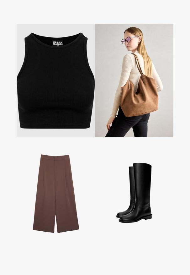 Črni rebrasti kratki top z okroglim izrezom in brezrokavnim dizajnom. Narejen iz raztegljive, teksturirane tkanine. Etiketa nosi napis "Urban Classics."; Rjave široke hlače z gladko teksturo, ki imajo visok pas in sprednje naborke. Tkanina je lahka in prosto pada.; Črne usnjene škornje do kolen z gladko teksturo, zaobljenim prstom, ravnim podplatom in minimalističnim dizajnom, ki vsebuje šivane šive in brez vidne opreme.; Rjava semišna torba z mehko teksturo, velikim odprtjem in dolgimi ročaji. Ima preprost dizajn z vidnim šivanjem in brez okovja.