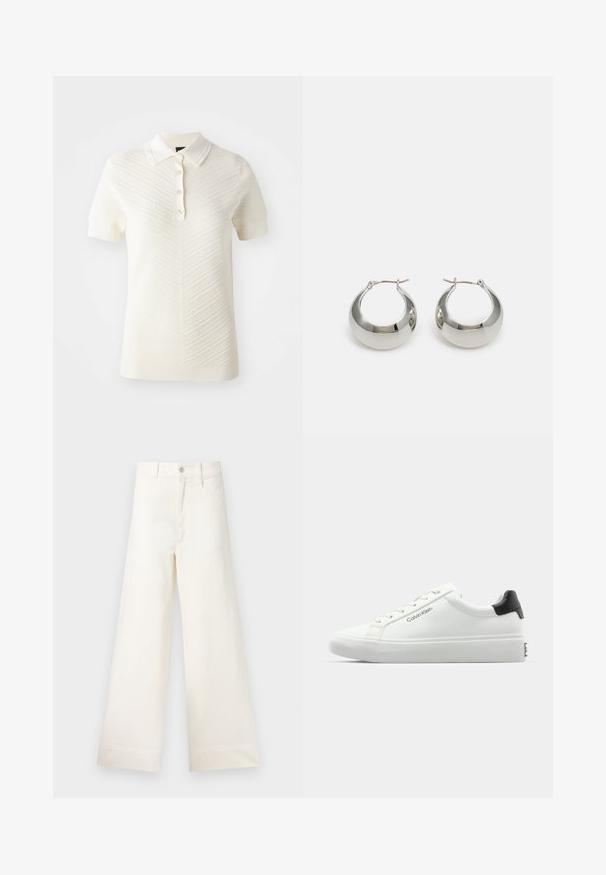 Cremefarvet polo-skjorte med korte ærmer, der har et struktureret zigzag-mønster, en klassisk krave og en knapstolpe med tre knapper.; Bredde benbukser i lys beige bomuld. Har høj talje, for- og baglommer samt lige pasform. Renset kantafslutning uden mønstre.; Hvid sneakers med en glat overflade, sort hælaccent og snørebåndsdesign. Har "Calvin Klein" branding på siden. Minimalistisk stil.; Sølvfarvede metalørehængere med en glat, skinnende overflade og et struktureret, afrundet design. Udstyret med en hængslet lås for sikker bæring.