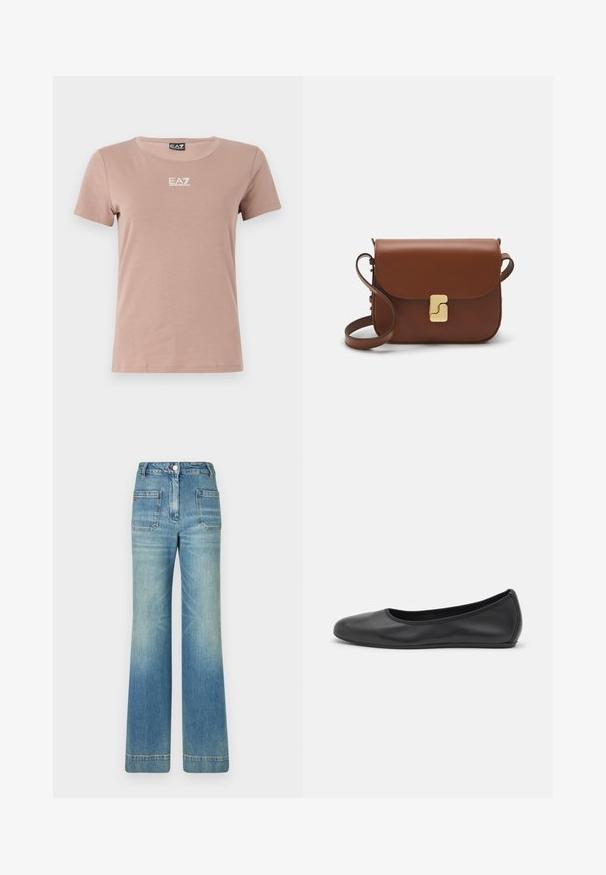 Světle růžové bavlněné tričko s krátkými rukávy, kulatým výstřihem a bílým logem EA7 vytištěným na hrudi. Hladká textura a přiléhavý střih.; Světle modré džíny s rozšířenými nohavicemi, pěti kapsami, poutky na opasek, zapínáním na knoflík a mírně vybledlou texturou, s červeným logem na zadní straně.; Černé kožené baletní byty s kulatou špičkou, hladkou texturou, minimálními švy a flexibilním designem podrážky.; Hnědá kožená kabelka s klopou, zlatými kovovými detaily, ramenním popruhem a hladkým povrchem. Kompaktní obdélníkový tvar.