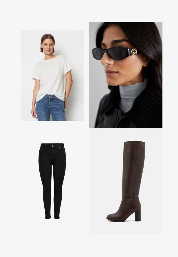 Majica s kratkimi rokavi v off-white barvi, izdelana iz mehkega blaga, z okroglo odprtino za vrat in sproščenim krojem, v kombinaciji z modrimi denim hlačami.; Črne skinny jeans visoke pasu z gumbom spredaj, zanke za pas in obliko s petimi žepi, prikazani na beli podlagi.; Rjave usnjene škornje do kolen s blok peto, gladko teksturo, zaokroženim nosom in minimalnimi šivi.; Črne sončne očala z elegantnim pravokotnim okvirjem in zlatim logotipom na strani. Temna stekla in sijajna površina sta izrazita.