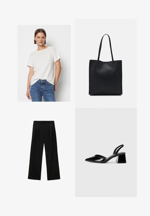 Tricou cu mânecă scurtă, de culoare albă, fabricat dintr-un material moale, cu decolteu la baza gâtului și croială lejeră, asociat cu blugi din denim albastru.; Pantaloni negri cu picioare largi și pliseuri, având o textură netedă și un design cu talie înaltă. Stil minimalist, fără accesorii sau detalii vizibile.; Pantofi cu toc slingback din piele lacuită neagră, cu vârf ascuțit și toc geometric. Prezintă un design elegant, minimalist și o textură netedă.; Geantă tote neagră din piele, cu textură netedă, formă rectangulară și două mânere lungi. Fără hardware vizibil sau ornamente.