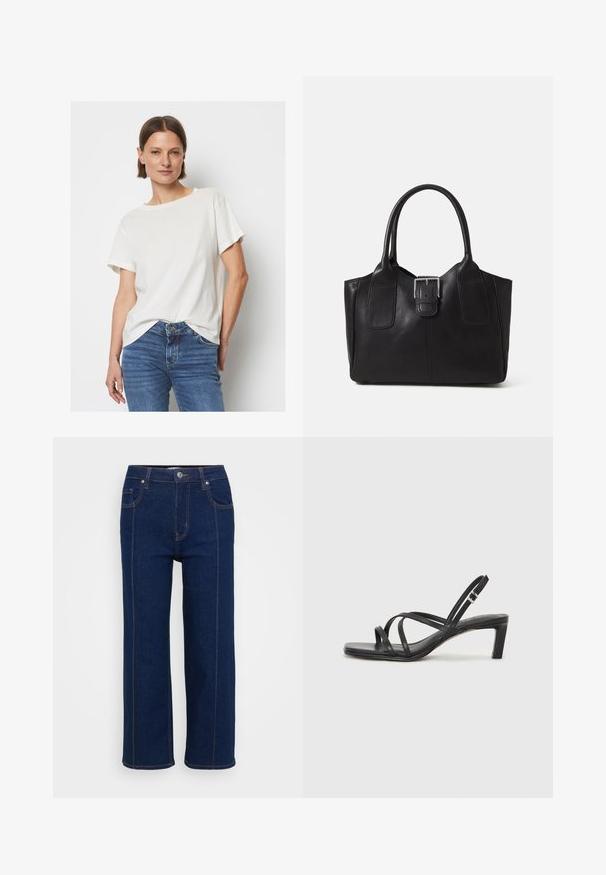 Majica s kratkimi rokavi v off-white barvi, izdelana iz mehkega blaga, z okroglo odprtino za vrat in sproščenim krojem, v kombinaciji z modrimi denim hlačami.; Temno modri ravni jeans z gumbnico, sprednjima in zadnjima žepoma ter vidno oranžnim šivom ob šivih.; Črne natikače s trakovi in kvadratnim prstom ter nizkim blokastim peto. Imajo več tankih trakov in nastavljiv trak okoli gležnja. Narejene so iz gladkega usnja.; Črna usnjena torba s gladko teksturo, strukturirano obliko, dvema ročkama in izrazitim srebrnim sponko na sprednji strani.