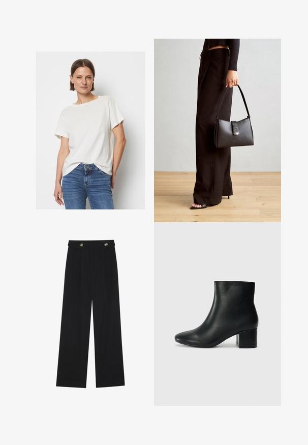 Majica s kratkimi rokavi v off-white barvi, izdelana iz mehkega blaga, z okroglo odprtino za vrat in sproščenim krojem, v kombinaciji z modrimi denim hlačami.; Črne široke hlače s visokim pasom, gumbnimi detajli na pasu in sprednjimi gubami.; Črne usnjene gležnjarje s koničastim nosom in debelim peto. Gladka tekstura z minimalnimi detajli in eleganten, prilegajoč dizajn.; Črna torbica z strukturirano obliko, gladko teksturo in kovinskim zaponko. Ujemajo se z širokimi črnimi hlačami in odprtimi sandali na lesenem tleh.
