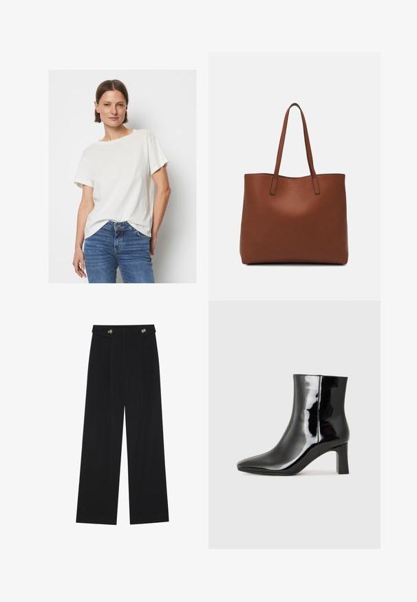 Lühikeste varrukatega, heleda valge t-särk, mis on valmistatud pehmest kangast, ümmarguse kaeluse ja lõdva lõikega, koos siniste denim pükstega.; Mustad laiad püksid kõrge vöökoha ja nööpdetailidega vööandil, esikortsudega.; Must-sinine nahkjalats musta läikiva viimistlusega, millel on terav nina ja keskmise kõrgusega plokk konts. Sile tekstuur ja minimalistik disain.; Pruun nahast tote-kott, millel on sile tekstuur, avatud ülaosa disain ja kaks õlarihma. Omab minimaalset õmblust ja nähtavat riistvara ei ole.