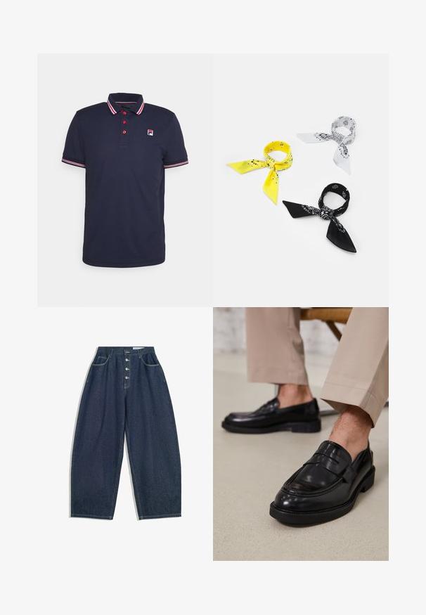 Cămașă polo bleumarin din bumbac, cu un guler cu trei nasturi, nasturi de accent roșu și guler și manșete cu dungi. LOGO pe pieptul stâng.; Pantaloni din denim albastru închis, cu picioare largi, talie înaltă, închidere cu cinci nasturi și cinci buzunare. Prezintă accente de cusătură pe cusături.; Loafers negre din piele cu o finisare netedă, având o curea decorativă și cusături contrastante, asortați cu pantaloni bej.; Trei batiste: una galbenă cu motive negre, una albă cu desene negre și una neagră cu grafică albă. Toate sunt pătrate, dintr-un material ușor.