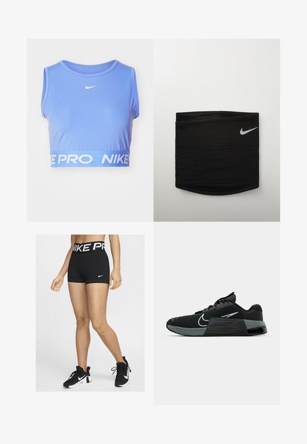 Blauw sportief crop top gemaakt van soepel materiaal, met een ronde halslijn en een witte merk-elfband aan de onderkant met "NIKE PRO."; Zwarte sportshorts met een brede tailleband waarop 'NIKE PRO' in witte letters staat. Een klein wit Nike swoosh-logo is zichtbaar aan de zijkant.; Zwarte sportieve schoen met een bovenwerk van mesh, grijze accenten en een gestructureerde tussenzool. Voorzien van een opvallend logo en een vetersluiting. Rubberen buitenzool voor grip.; Zwarte atletische tailleband met ribbelstructuur, voorzien van een klein wit Nike swoosh-logo aan de rechterkant. Gladde, strakke uitstraling.