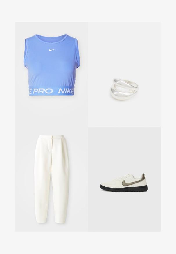 Zils sportiska kropla tops, izgatavots no gludas auduma, ar apaļu apkakli un baltu ar zīmolu marķētu elastīgo joslu apakšā ar uzrakstu "NIKE PRO".; Augstas jostas līnijas, sašaurināti balti bikses ar slēptu priekšējo aizdari un sānu kabatām, attēloti uz vienkrāsaina balta fona.; Nike Sportswear FIELD GENERAL - Treniņu apavi - off-white/black; Sudraba divu joslu gredzens ar gludu, pulētu virsmu. Iezīmējas ar plūstošu, izliekta dizaina struktūru ar pārklājošām sekcijām modernam izskatam.