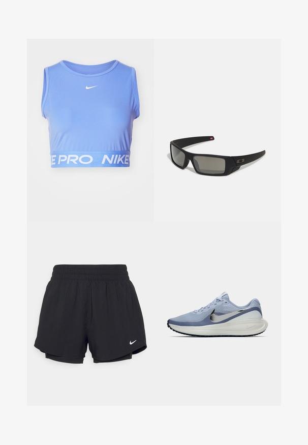 Zils sportiska kropla tops, izgatavots no gludas auduma, ar apaļu apkakli un baltu ar zīmolu marķētu elastīgo joslu apakšā ar uzrakstu "NIKE PRO".; Melni sporta šorti ar savelkamu elastīgu jostasvietu, iekšējo oderi un baltu Nike logotipu kreisajā apakšējā stūrī. Gluda, viegla auduma.; Gaiši zila un balta Nike skrienošā apavi ar sudraba Swoosh logotipu, elpojošs sietiņaudums augšdaļā, mīksta zole un melna ārējā zole.; Melni saulesbrilles ar matētu apdari, taisnstūra lēcām, nedaudz izliektiem tempļiem, smalkiem logotipa elementiem un dūmu nokrāsas lēcām.