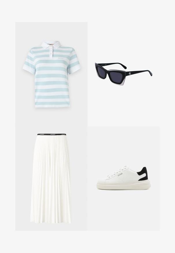 Helebe sinine ja valge triibuline polo särk klassikalise kraega, kolme nupuga ja väikese tikandiga rinnal. Puuvillane materjal.; Kurtitudega valge seelik musta elastse vööga, millel on "LACOSTE" logo. Keskmise pikkusega disain pehme tekstuuriga.; Valged nahast tennisetossud paksu valge tallaga, musta sametist kontsakeeuga ja külje peal riigilogo reljeefne kujundus. Lukkeskeem kuue silmaauguga.; Mustad suured mustad prillid geomeetrilise kujuga, tumedate läätsedega ja kontrastse halli detailiga raamidel. Logo käe peal.