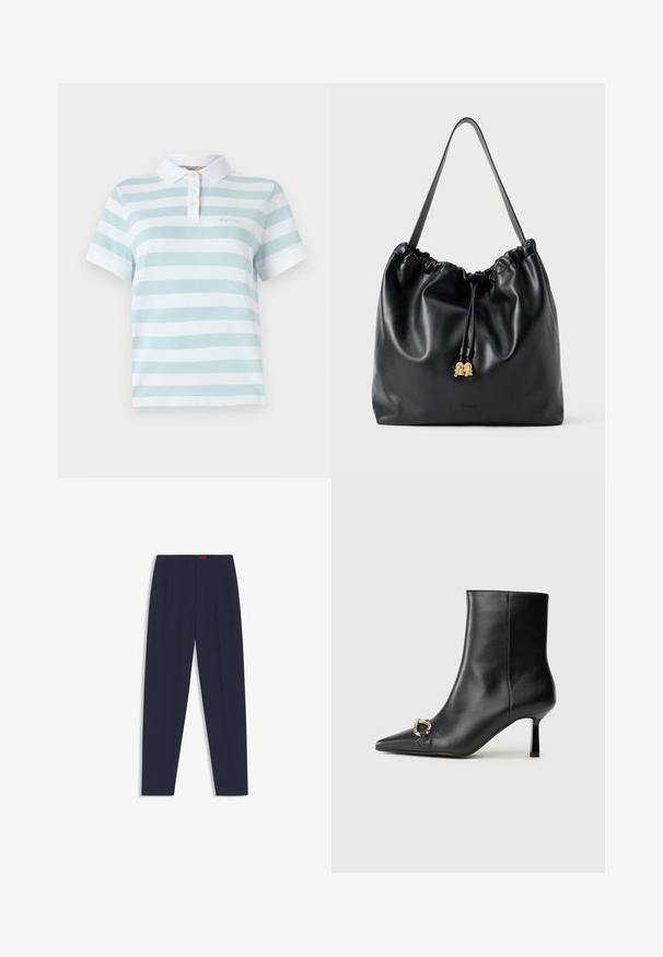 Lichtblauw en wit gestreept polo-shirt met een klassieke kraag, drie knopen en een klein geborduurd logo op de borst. Katoenen materiaal.; Middengrijze op maat gemaakte broek met een gladde textuur, voorzien van voorplooien en zijzakken. Recht model en geen zichtbare versieringen.; Zwarte leren enkelboot met spitse neus, slanke middenhoge hak en zilveren gespdetail aan de zijkant op een effen achtergrond.; Zwarte leren trekkoordtas met een soepele textuur, gatherin aan de bovenkant en subtiele gouden accenten. Beschikt over een enkele stevige schouderband en een geperst logo.