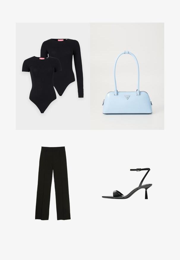 JJXX JXGIGI BODY 2 PACK - Majica z dolgimi rokavi - black; Črne široke hlače iz gladkega materiala, z oprsnikom in diskretnimi sprednjimi plisami za dodano teksturo.; Bershka Sandali z visoko peto - black; Svijetloplavi ručni torbica s strukturiranim oblikom, glatkim kožnim materijalom, dvije ručke i trokutastim logotipom brenda na prednjoj strani. S zatvaračem.