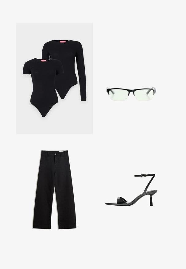 JJXX JXGIGI BODY 2 PACK - Hosszú ujjú felső - black; Fekete, bő szabású farmernadrág magas derékkal, elülső és hátsó zsebekkel, varrott felületekkel és gombos záródással. Sima textúra.; Bershka Magas sarkú szandálok - black; Fekete téglalap alakú szemüveg, tiszta lencsékkel, elegáns fekete kerettel és szürke áttetsző szárakkal. Minimalista dizájn, látható márkajelzés nélkül.; Fekete lakkbőr kézitáska ívelt formával, egy vállpánttal, elülső zsebekkel és ezüstszínű fémrészletekkel.; Fekete lakkbőr kézitáska ívelt formával, egy vállpánttal, elülső zsebekkel és ezüstszínű fémrészletekkel.