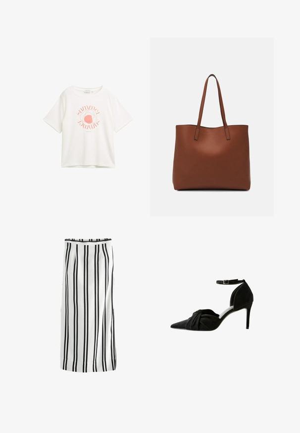 Balts īsām piedurknēm t-krekls, izgatavots no maiga auduma, ar rozā apļa grafiku, kurā iestrādāts vārds "vasara".; Next COLUMN - REGULAR FIT - Maksi svārki - black white; Melnas zamšādas augstpapēžu kurpes ar smailu purngalu, sasietu detaļu priekšā, potītes siksniņu un plānu stiletto papēdi.; Brūna ādas iepirkumu soma ar gludu tekstūru, atvērta augšdaļa un divas plecu siksnas. Izceļas ar minimālām šuvēm un redzamu aparatūru nav.
