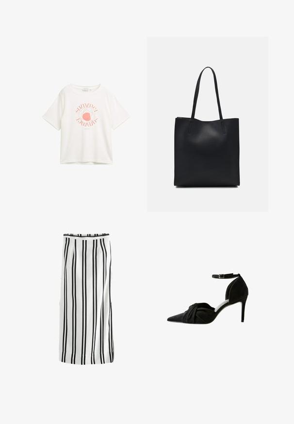 Balta trumpa rankovėmis marškinėliai, pagaminti iš minkštos medžiagos, su rožine apvalia grafika, kurioje įkomponuotas žodis "vasara".; Next COLUMN - REGULAR FIT - Maksi sijonas - black white; Juodas zomšiniai aukšti batai su smailiu priekiniu galiuku, mazgo detalė priekyje, kulkšnies dirželis ir plona stiletto kulniuku.; Juodas odinis tote krepšys su lygia tekstūra, stačiakampio formos ir dviem ilgais rankenomis. Matomų metalinių detalių ar puošybos nėra.